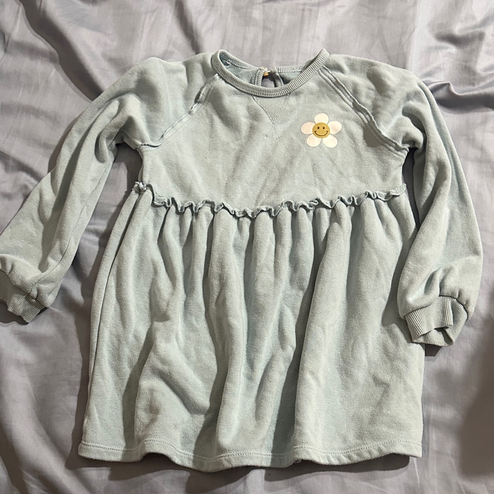 Charming Light Blue Kids Sweater dress with Flower Accent